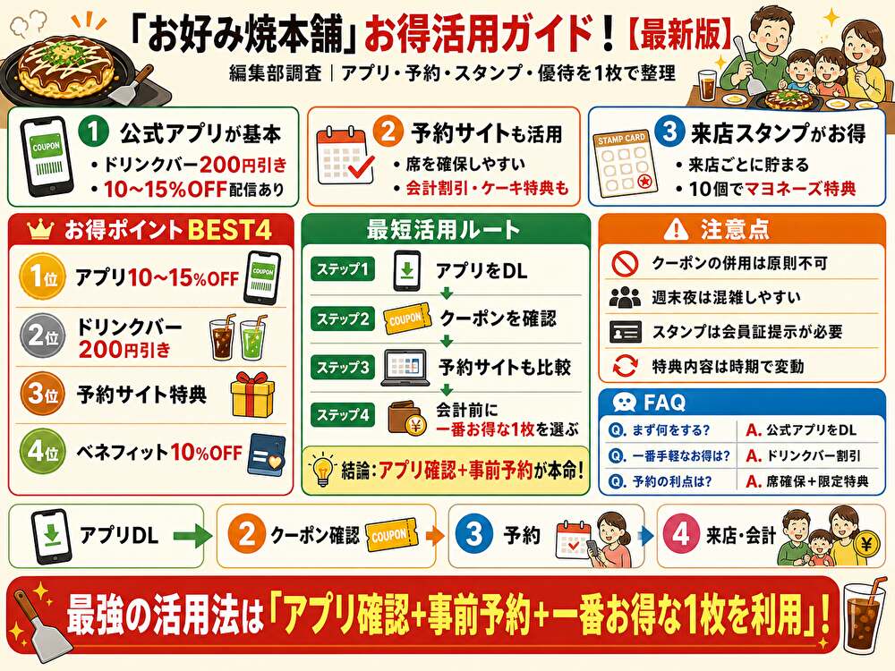 お好み焼本舗クーポンまとめ!使い方・割引比較