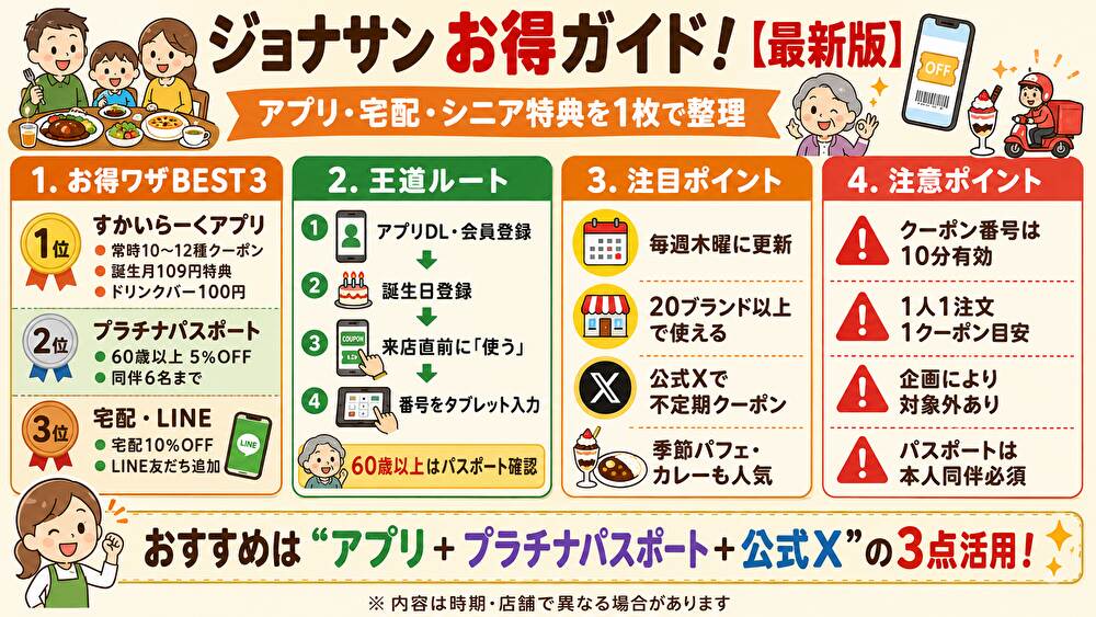 ジョナサンクーポンまとめ!使い方・割引比較