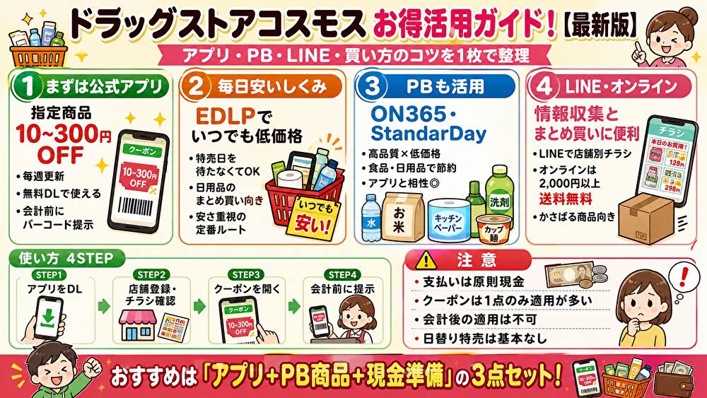 ドラッグストアコスモスクーポンまとめ!使い方・割引比較
