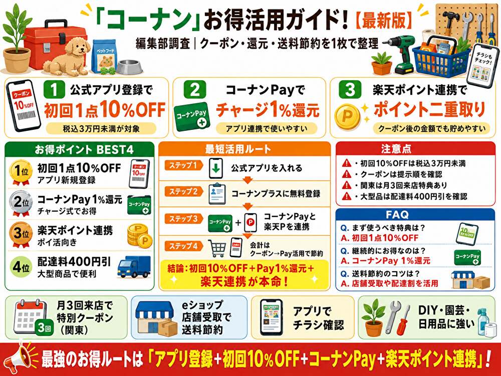 ホームセンターコーナンクーポンまとめ・使い方比較