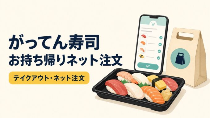 がってん寿司のお持ち帰りネット注文を、寿司パック・注文画面・持ち帰り袋で表したアイキャッチ画像。