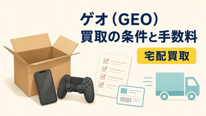 ゲオ（GEO）の宅配買取を案内する、段ボール箱・スマホ・ゲームコントローラー・査定票・配送トラックを描いたアイキャッチ画像。