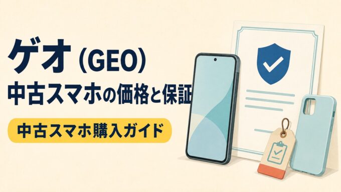 ゲオの中古スマホの価格と保証を案内する、スマートフォン・保証書・検品タグを描いたアイキャッチ画像。