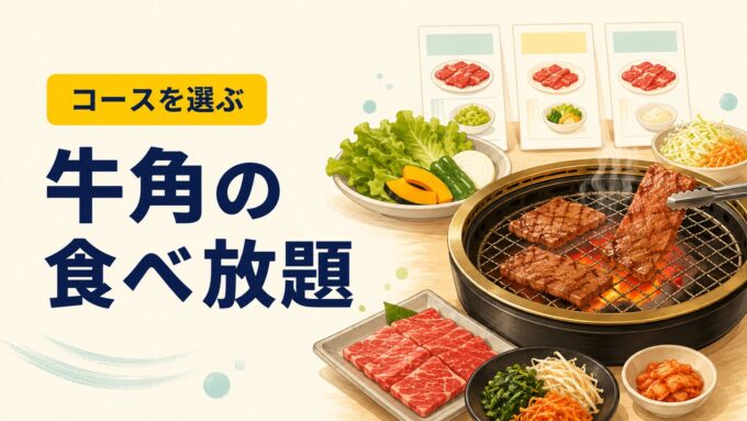 牛角の食べ放題を案内する、焼肉グリルと肉・野菜のイラスト入りアイキャッチ画像。
