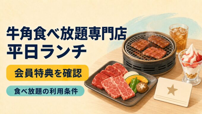 牛角食べ放題専門店の平日ランチと会員特典を案内するアイキャッチ画像。