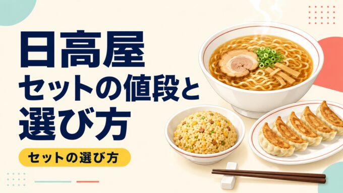 日高屋のセットの値段と選び方を案内する、ラーメン・餃子・炒飯のアイキャッチ画像。
