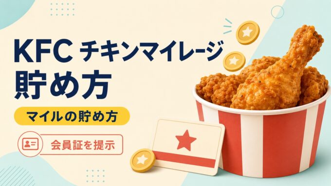 KFCチキンマイレージの貯め方を案内する、フライドチキンと会員証のイメージ画像。