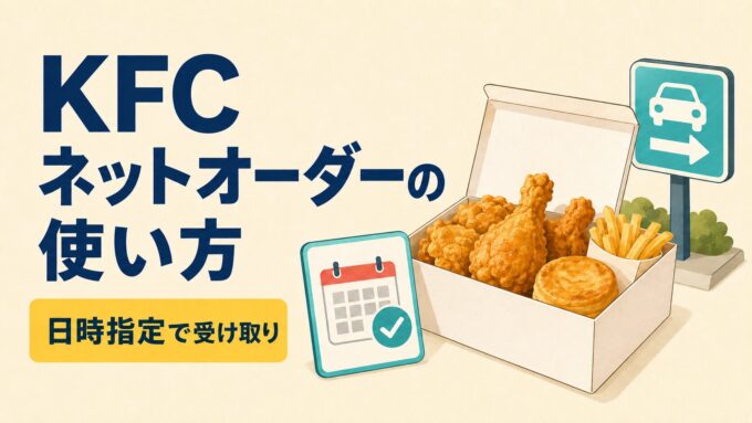 KFCネットオーダーの使い方を案内する、日時指定・持ち帰り・ドライブスルーを表したアイキャッチ画像。