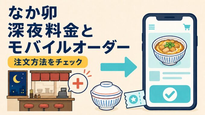 なか卯の深夜料金とモバイルオーダーを、夜の店舗・スマートフォン注文・チェックマークで表したアイキャッチ画像。