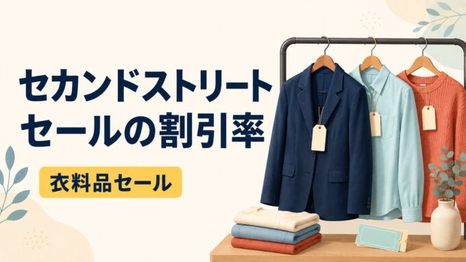 セカンドストリートのセール割引率を解説する、衣料品ラックを配したアイキャッチ画像