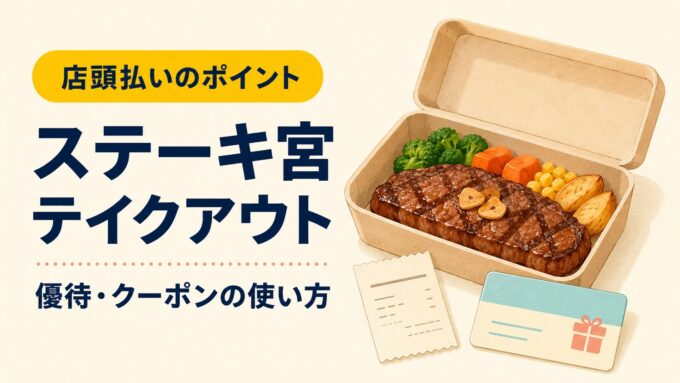 ステーキ宮のテイクアウトと、優待・クーポン利用を案内するアイキャッチ画像。