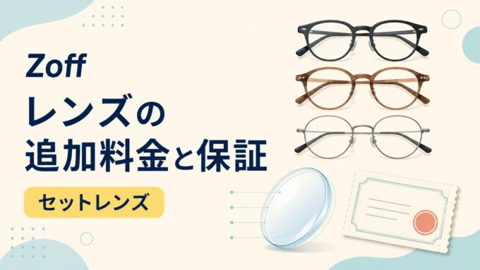 Zoffのレンズ追加料金と保証を示す、眼鏡フレーム・レンズ・保証券のイラスト入り画像。