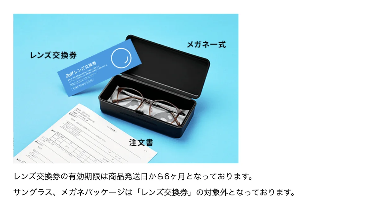 Zoffのレンズ交換券とメガネ一式の同梱物